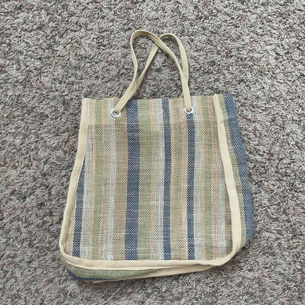 J.Crew Striped Jute Tote Bag Blue Green Tan Woven Beach Market Bag RN77388‎